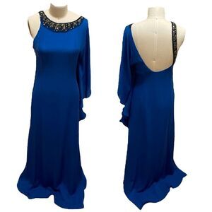BCBG Max Azria Blue 100% Silk Formal Dress Gown Size 4 Prom Wedding Grecian